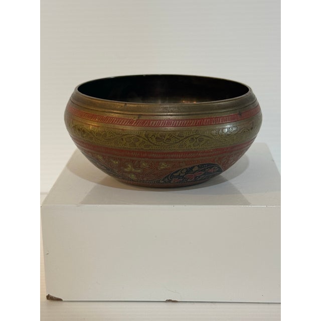 Indian Vintage Hand-Etched Indian Brass & Enamel Decorative Bowl For Sale - Image 3 of 11