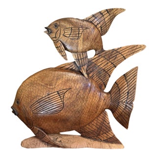 Vintage 1950s Indonesian Hand-Carved Teak Angelfish Sculpture – 19.5" For Sale