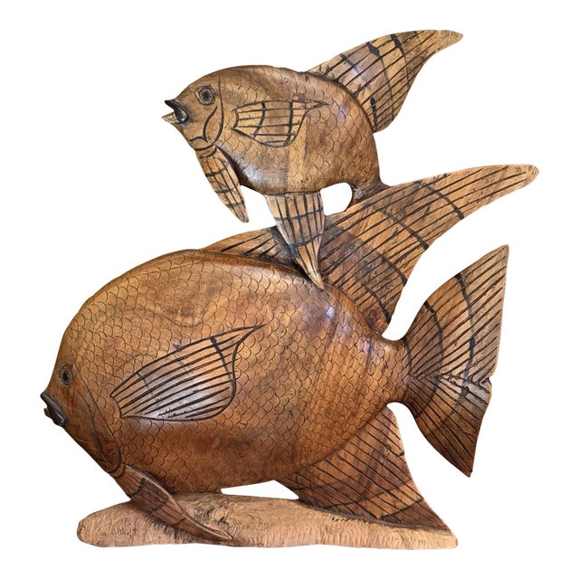 Vintage 1950s Indonesian Hand-Carved Teak Angelfish Sculpture – 19.5" For Sale