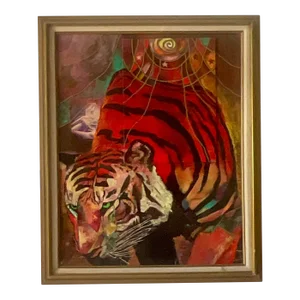 Mid 20th Century Vintage Boho Abstract Figural Tiger Oil Painting on Board