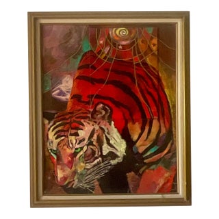 Vintage Modernist Abstract Tiger Oil Painting For Sale