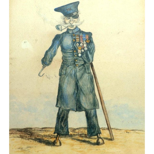 J. Capewell, Comic of Amputee Military Veteran, Watercolour, Framed ...