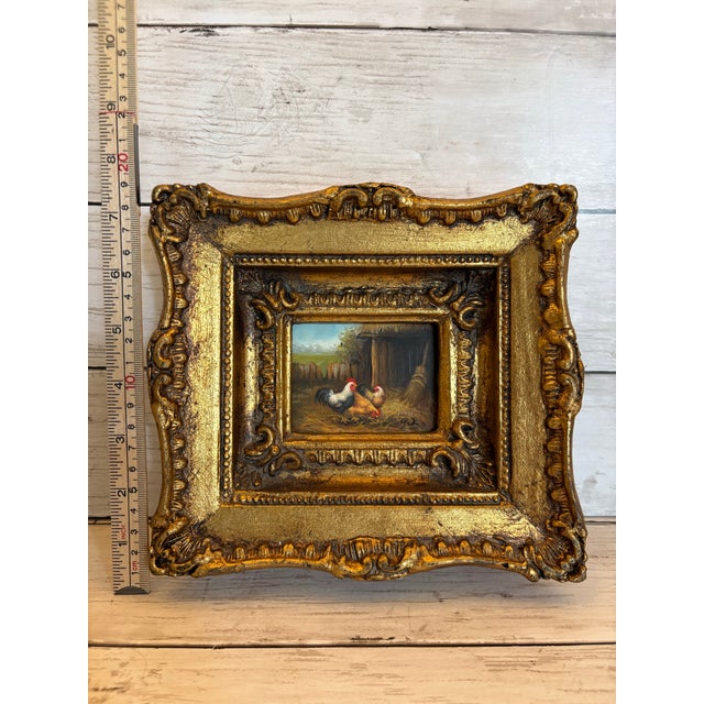 Vintage Miniature Rooster & Hens Oil Painting in Ornate Gilt-Style Frame For Sale - Image 9 of 12