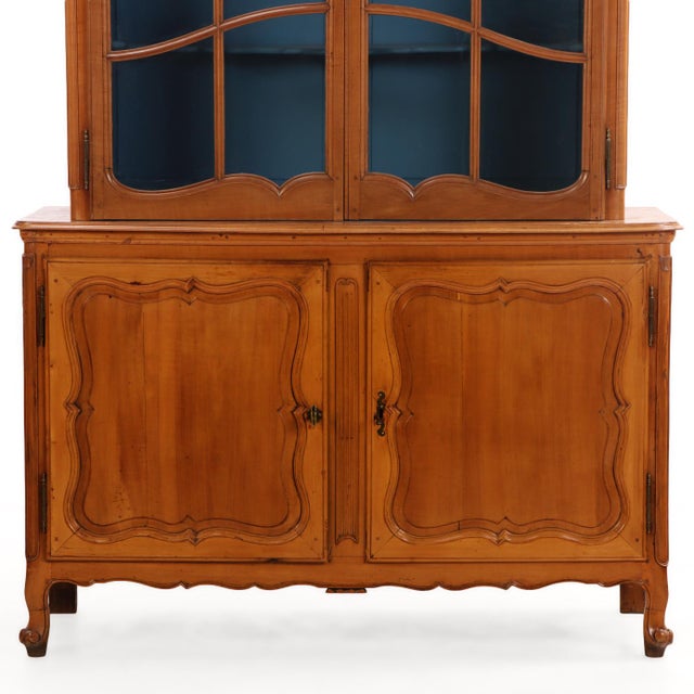 Wood Two-Part French Provincial Cherry Cabinet Having Painted Blue Display Hutch, 19th C. For Sale - Image 7 of 8