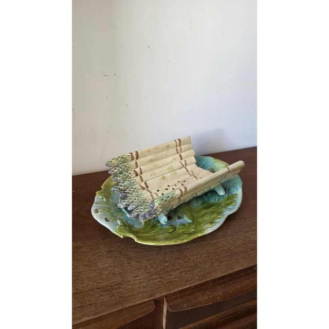 Antique Majolica Asparagus Server Set, Ceramic Drainer & Platter, French Country Kitchen, Green Glaze Serving Dish For Sale - Image 6 of 11