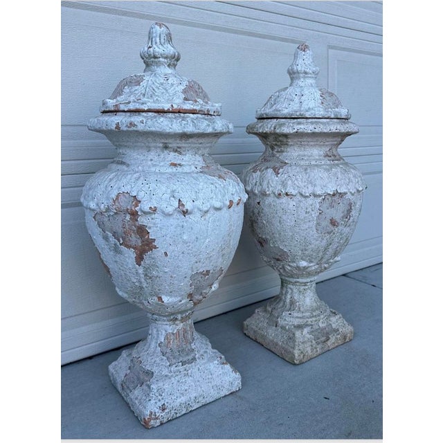 Late 19th Century Pair of 19th Century French Terracotta White Urns For Sale - Image 5 of 12