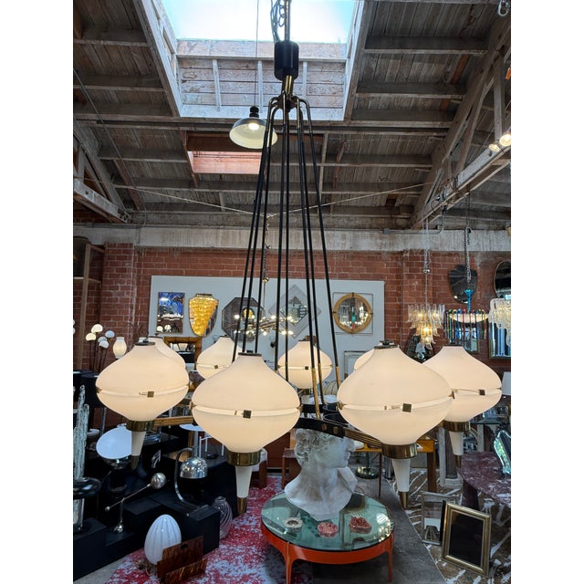 1950s Stilnovo Opaline Glass Chandelier With Brass & Black Accents 1950's For Sale - Image 5 of 8