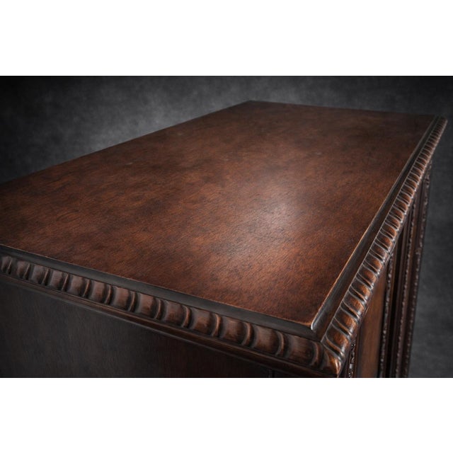 Burnt Umber Vintage Baker Furniture Mahogany Cabinet With Bookmatched Veneer & Carved Urn Medallion For Sale - Image 8 of 12