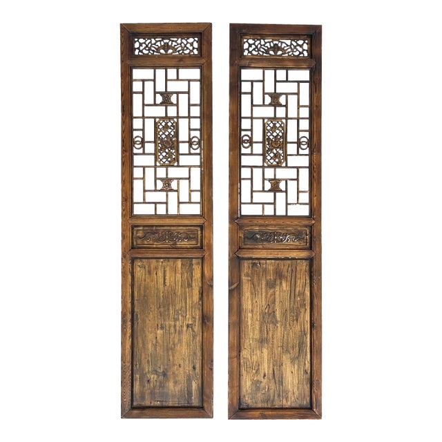 Pair Vintage Tall Flower Bird Geometric Pattern Raw Wood Door Panels For Sale