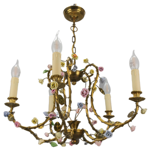 French Brass and Porcelain Flower Five-Light Chandelier, 1920s