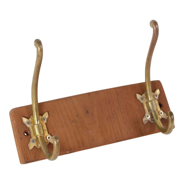European Vintage Double Brass Hook Wall Rack For Sale