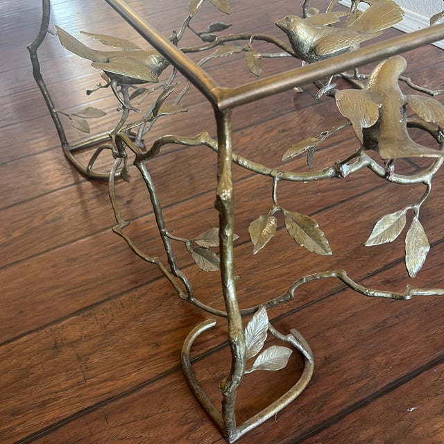 Diego Giacometti 1970s Vintage Italian Brass Organic Tree & Bird Square Cocktail Table For Sale - Image 4 of 9