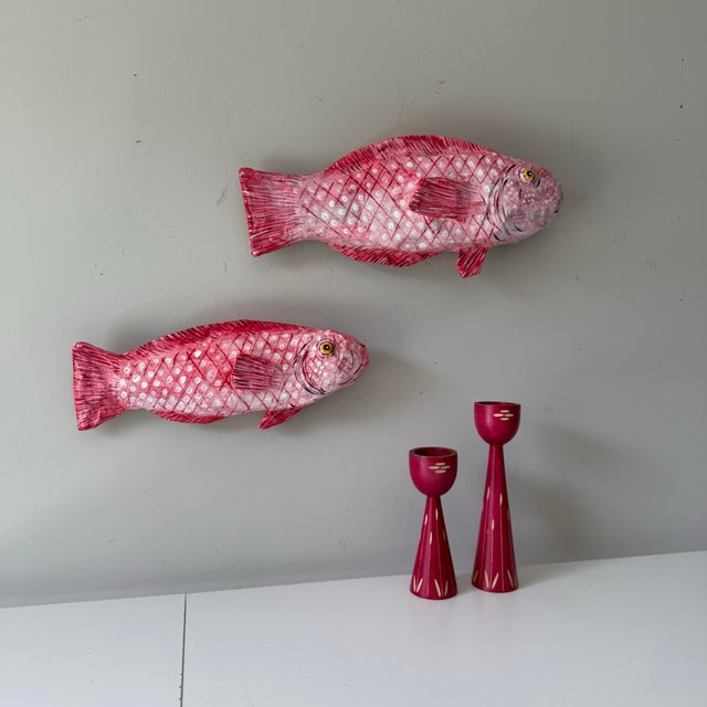 Pink Pink Folk Art Paper Mache Hanging Fish- a Pair For Sale - Image 8 of 9