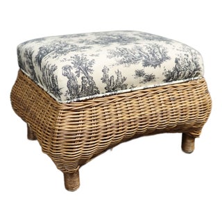 Wicker Ottoman With Toile Upholstered Cushion For Sale