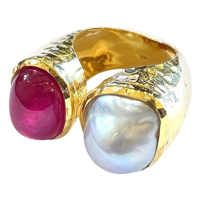Bochic "Orient" Ruby & South Sea Pearl 2 Gem Ring Set 18K & Silver, Size 7 For Sale