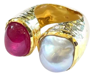 Bochic "Orient" Ruby & South Sea Pearl 2 Gem Ring Set 18K & Silver, Size 7