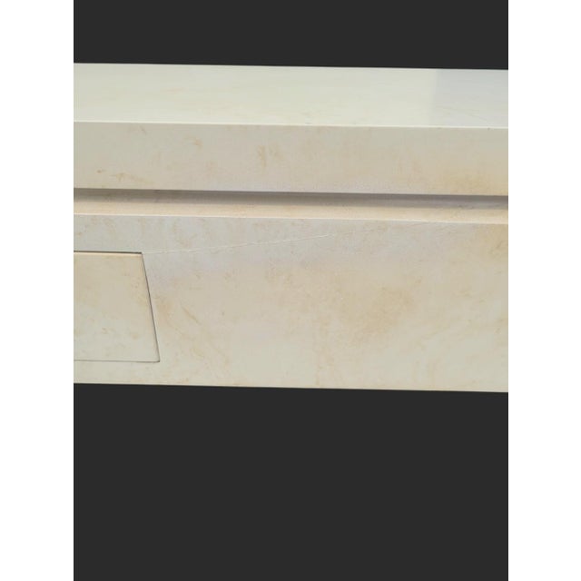 Mid 20th Century Vintage Extra Long Post Modern Parson Leg Parchment Faux Goat Skin Off White 2 Drawer Console Table by Trouvailles For Sale - Image 5 of 17