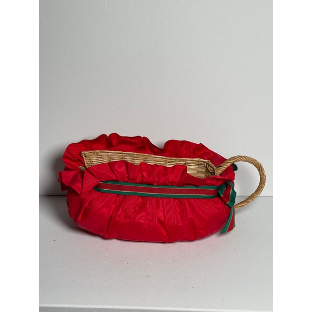 Vintage Holiday Red Taffeta Vine Bottle Boat Wicker For Sale - Image 4 of 5