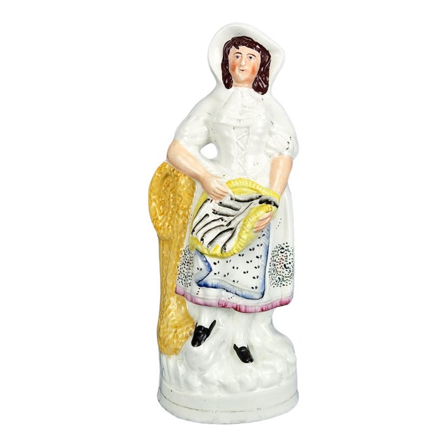 1860s English Staffordshire Statue of Fishmonger Antique Pottery Victorian Figure of Lady With Fish Basket For Sale