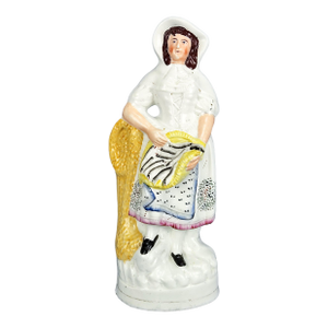 1860s English Staffordshire Statue of Fishmonger Antique Pottery Victorian Figure of Lady With Fish Basket