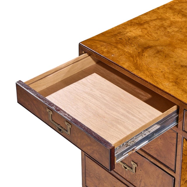 John Widdicomb Mid Century Burlwood and Brass Campaign Executive Desk For Sale In Chicago - Image 6 of 11