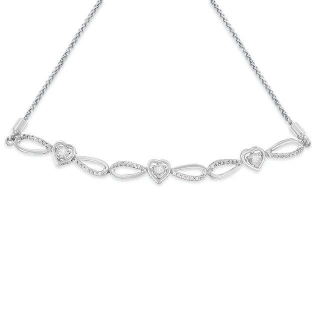 Contemporary .925 Sterling Silver Diamond Accent Heart and Infinity 4”-10” Adjustable Bolo Bracelet (I-J Color, I3 Clarity) For Sale - Image 3 of 5