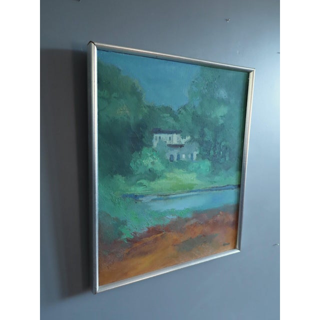 Mid-Century Modern 'House Beyond the Green' Vintage Swedish Expressive Landscape Oil Painting, Framed For Sale - Image 6 of 11