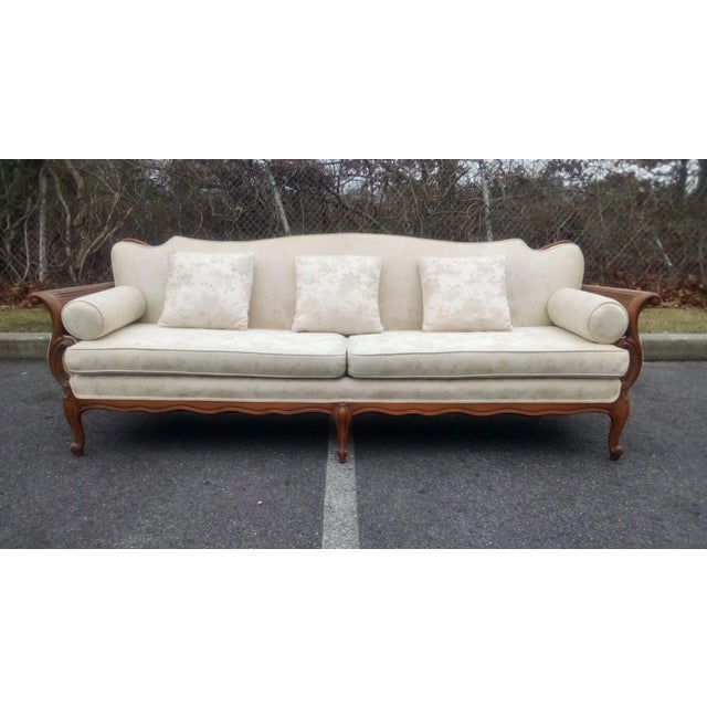 French Louis XV Style Elegant Ivory 7.5' Sofa Serpentine Carved Back Curved Caned Sides Sale 2895 Mid-Century For Sale - Image 13 of 13
