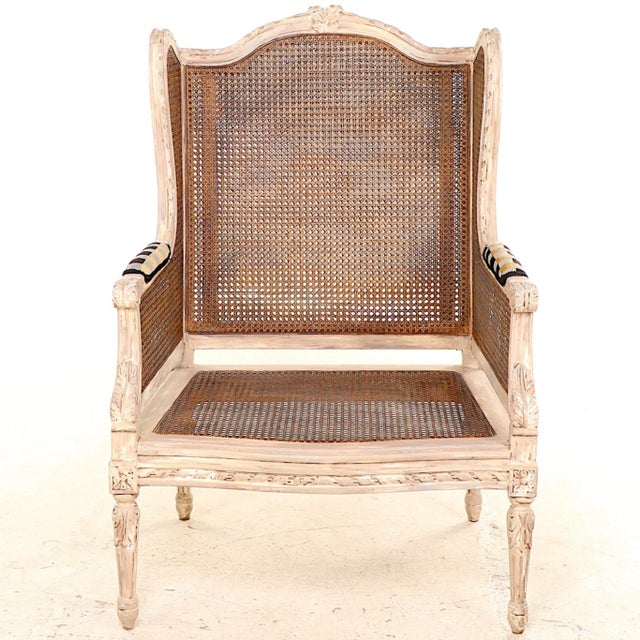 Wood Louis XV Double Caned Wingback Bergeres - Clarence House Cushions - Pair For Sale - Image 7 of 13