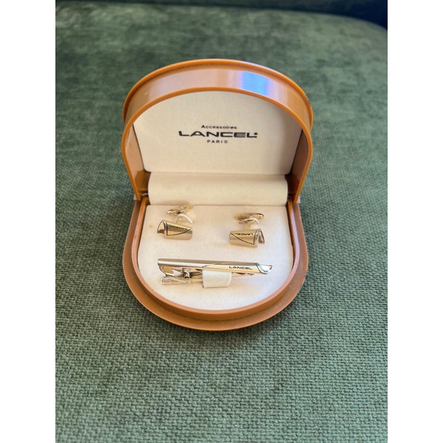 Art Deco Rare Vintage “Lancel” Paris Gold Plate & Steel Cufflinks & Tie Bar Original Case For Sale - Image 3 of 10