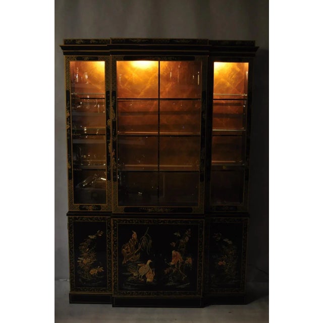 Drexel Et Cetera Chinoiserie Black Lacquer Decorated Breakfront China Cabinet For Sale - Image 10 of 12