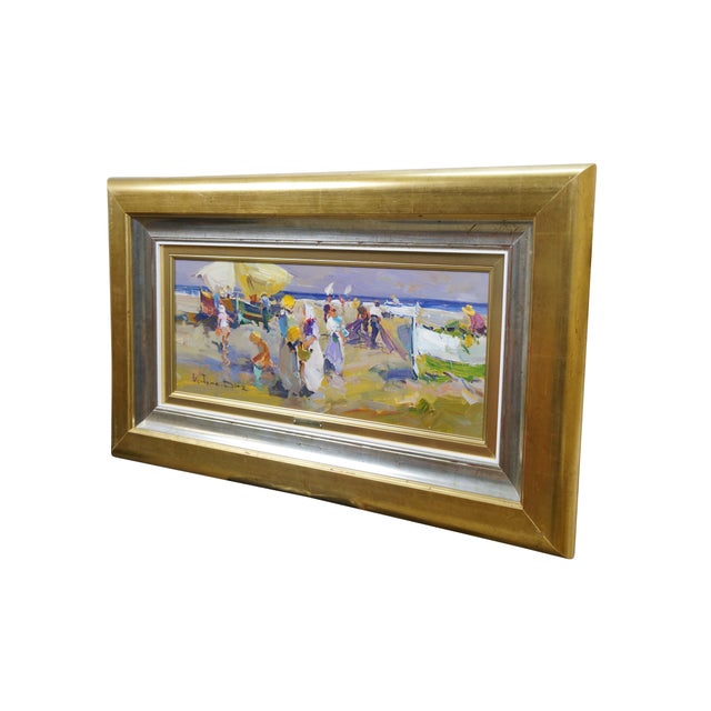 Late 20th century oil on canvas impressionist painting titled "Fisherman" by Ventura Diaz. Depicts a beach landscape...