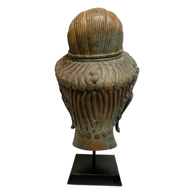 Bronze Thai Bronze Buddha Head Statue Vintage Ayutthaya Style Bust Sculpture Decor For Sale - Image 8 of 18