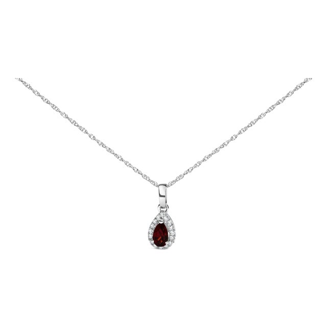 10K White Gold 5x3mm Red Garnet and Diamond Accent Halo Pear Shape 18" Pendant Necklace (I-J Color, I1-I2 Clarity) For Sale