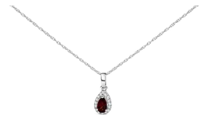10K White Gold 5x3mm Red Garnet and Diamond Accent Halo Pear Shape 18" Pendant Necklace (I-J Color, I1-I2 Clarity)