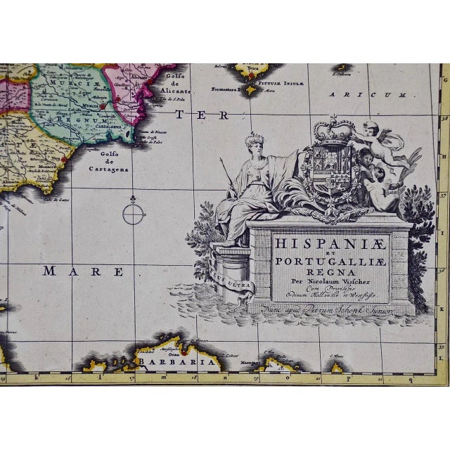 Spain and Portugal: An 18th Century Hand Colored Map by Visscher For Sale - Image 4 of 12