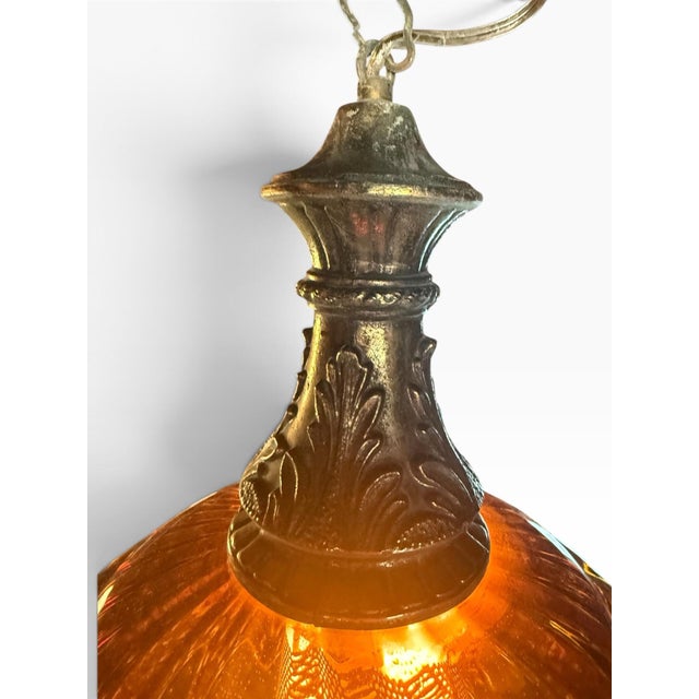 Metal Vintage Amber Glass Swag Pendant Light With Ornate Brass-Tone Fittings For Sale - Image 7 of 7