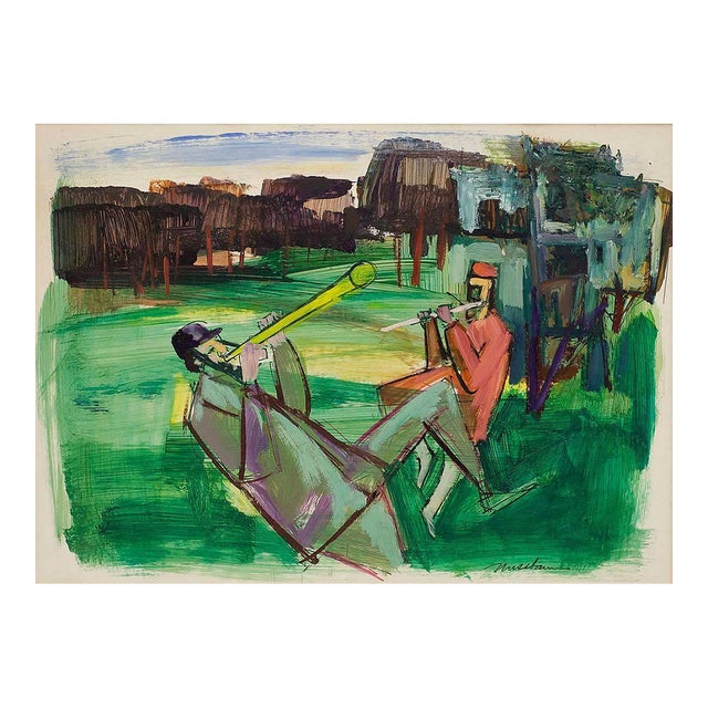 Ervin B. Nussbaum, Duo With a Flute, Judaica Klezmer Musicians Modernist American Painting For Sale