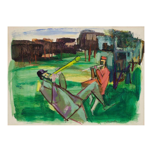 Ervin B. Nussbaum, Duo With a Flute, Judaica Klezmer Musicians Modernist American Painting