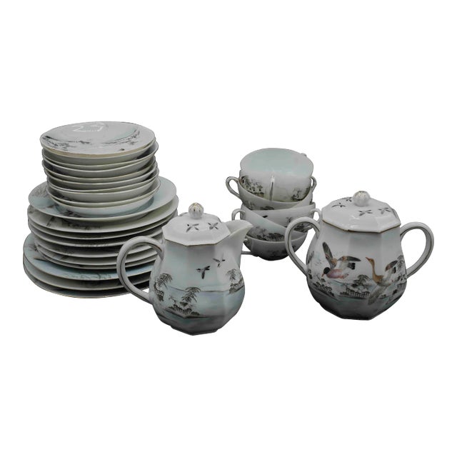 33 Piece Japanese Hand Painted Porcelain Tea Set Signed For Sale