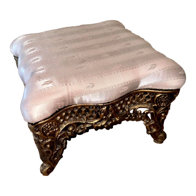 1940s French Provincial Cast Iron Foot Stool With Silk Upholstery For Sale