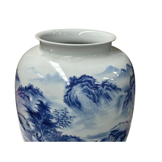 Chinese Blue White Handpaint Mountain Tree Scenery Porcelain Vase For Sale - Image 11 of 14