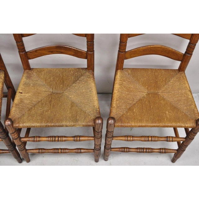 Antique Ladderback Primitive Rustic Oak Wood Rush Seat Dining Chairs - Set of 4 For Sale In Philadelphia - Image 6 of 11