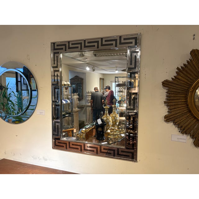 Mid-Century Modern 1980s Greek Key Chrome Mirror For Sale - Image 3 of 6