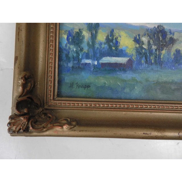 Small late 20th century oil on canvas board blue tonal ranch landscape painting by Myra Knapp (20th, 21st century) Texas....