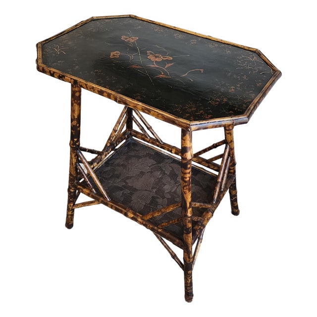 Antique English Chinoiserie Japanned Lacquer & Tortoise Shell Bamboo Side Table For Sale