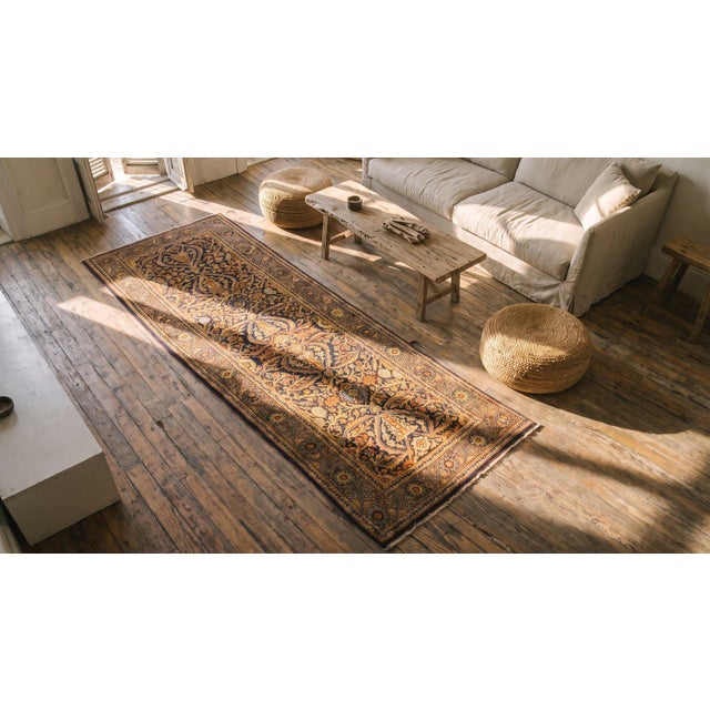 Navy Blue Traditional Navy Background With Medallion Pattern Antique Persian Tabriz Haji Jalili Runner For Sale - Image 8 of 10