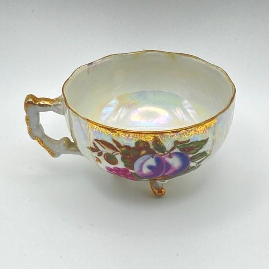 Pair of Kasuga Footed Iridescent Gilded Teacups (Handles, Fruit Design, Lusterware) Vintage For Sale - Image 9 of 16