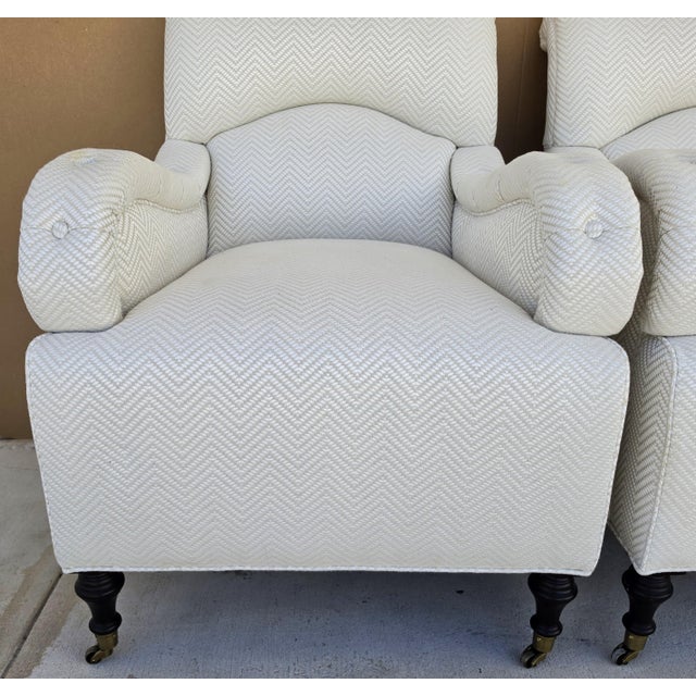 Late 20th Century Baker Furniture English Country Scroll Arm Lounge Chairs in White Herringbone Casters Pair For Sale - Image 5 of 17