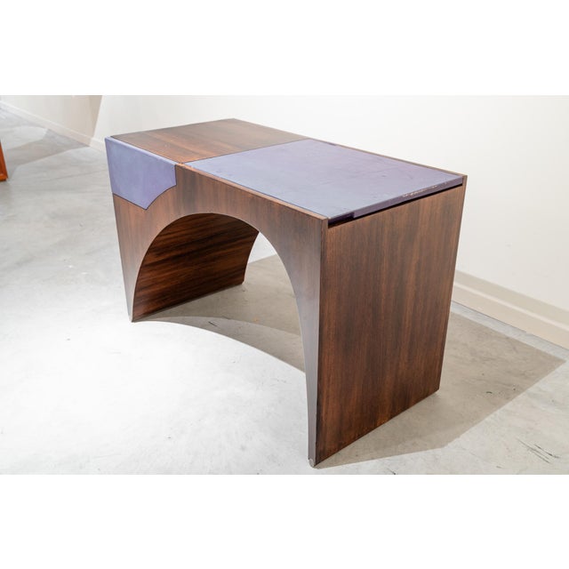 French Postmodern Dressing Table in Walnut Wood and Lilac Leather., 1980s For Sale - Image 14 of 16